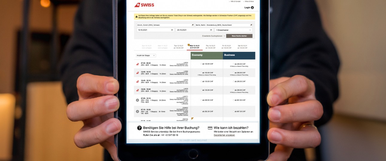 Neue Buchungsmaske von Swiss: Nicht alles funktioniert so wie es sollte.