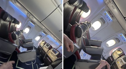 Sitzreihen in einer 737 von batik Air: Die Reihe ist beim Start nach hinten gekippt.