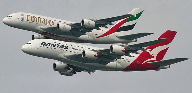 Tandemflug von Emirates' und Qantas' Superjumbos: Von nun an Partner.