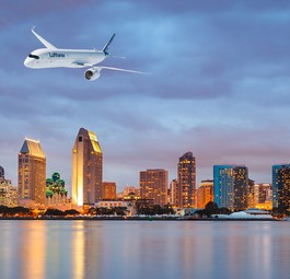 Airbus A350 von Lufthansa über San Diego: Dem Flughafen geht das Kerosin aus.