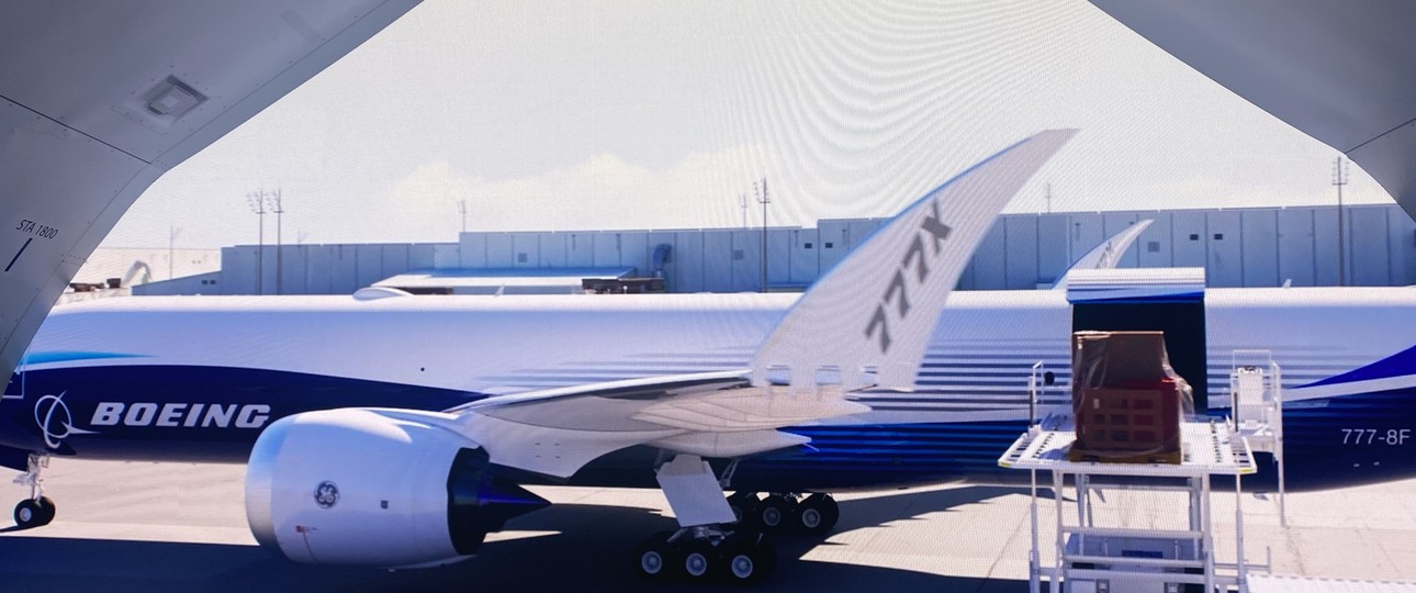 Boeing 777-8 F (hier in einer Visualisierung auf der Paris Air Show): So soll sie einst bei der Beladung aussehen.