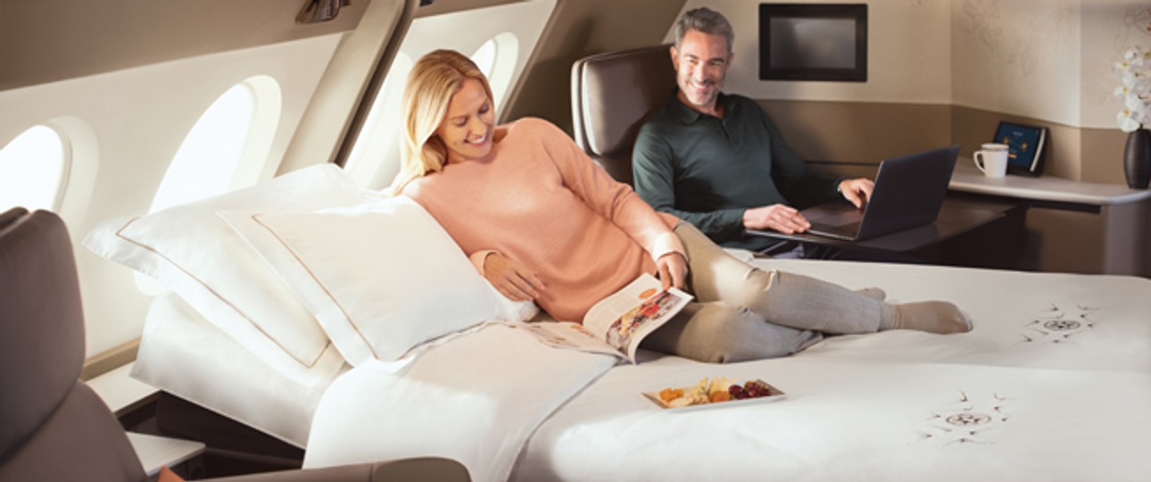 Die neue First-Class im A380 von Singapore Airlines: Die ersten beiden Suiten können in eine mit Doppelbett umgewandelt werden.