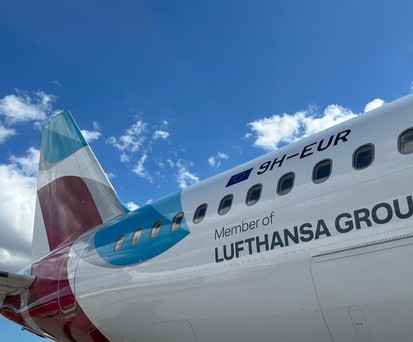 Eurowings-Airbus: Der Airbus trägt jetzt auch den Schriftzug Member of Lufthansa Group.
