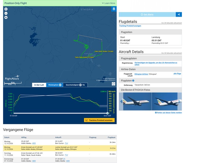 Das Flugzeug kreiste lange über Äthiopien.