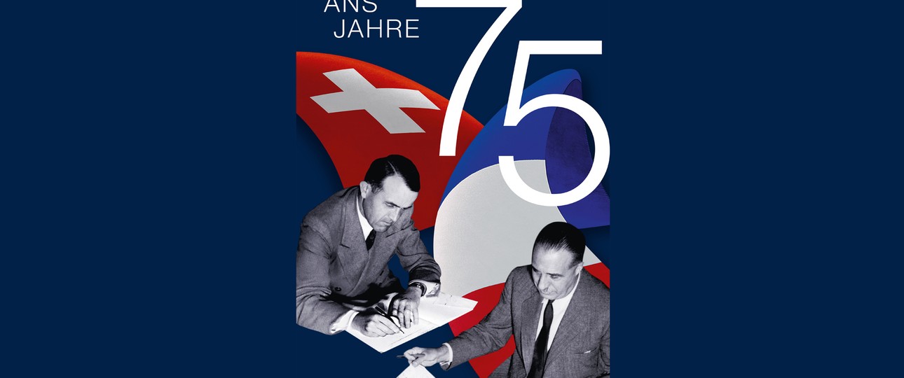 Max Petitpierre für den Schweizerischen Bundesrat und Henri Hoppenot für die Regierung Frankreichs bei der Unterzeichnung des Staatsvertrages.