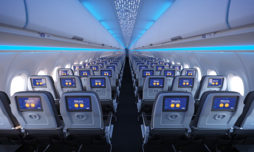 Die neue Kabine von Jetblue: Im A321 LR haben die Passagiere in der Economy Class 32 Zoll Beinfreiheit.