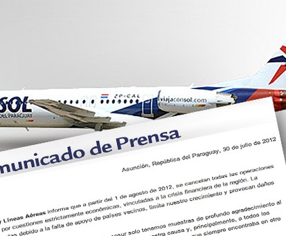 Fokker 100 von Sol de Paraguay, Medienmitteilung: Grounding per 1. August.
