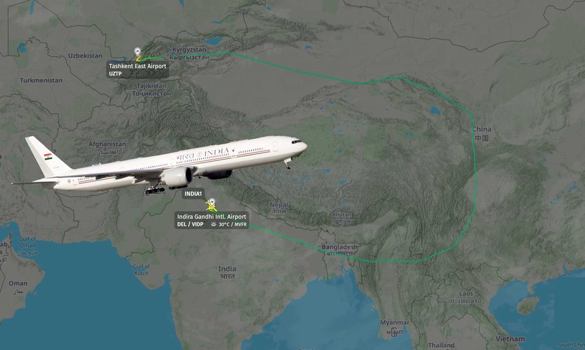 Air India One Flugverlauf nach Tashkent: Indiens Premierminister musste einen großen Umweg nehmen.