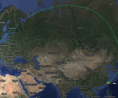Eva-Air-Flug BR71 nach München am 25. Oktober: Lange Zeit durch russischen Luftraum.