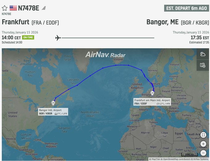 Screenshot vom Flug in die USA