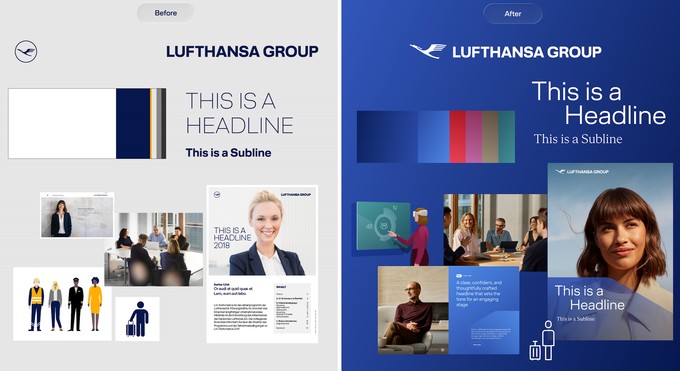 Vorher und nachher: Die Lufthansa Group tritt insgesamt etwas bunter auf. 