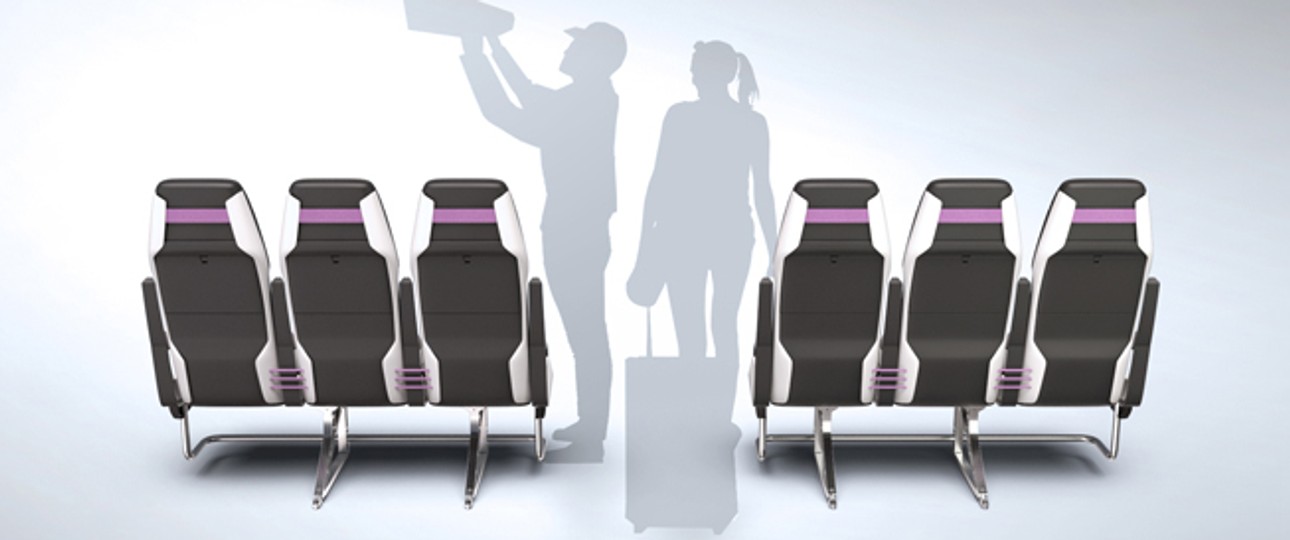 Innovative Aircraft Seat vom Passme-Konsortium, nominiert in der Kategorie Kabinensysteme des Crystal Cabin Award: Der Gang einer Boeing 737-800 soll durch Zusammenschieben der Sitze 32 statt nur 16 Zoll (40,6 Zentimeter) breit sein.