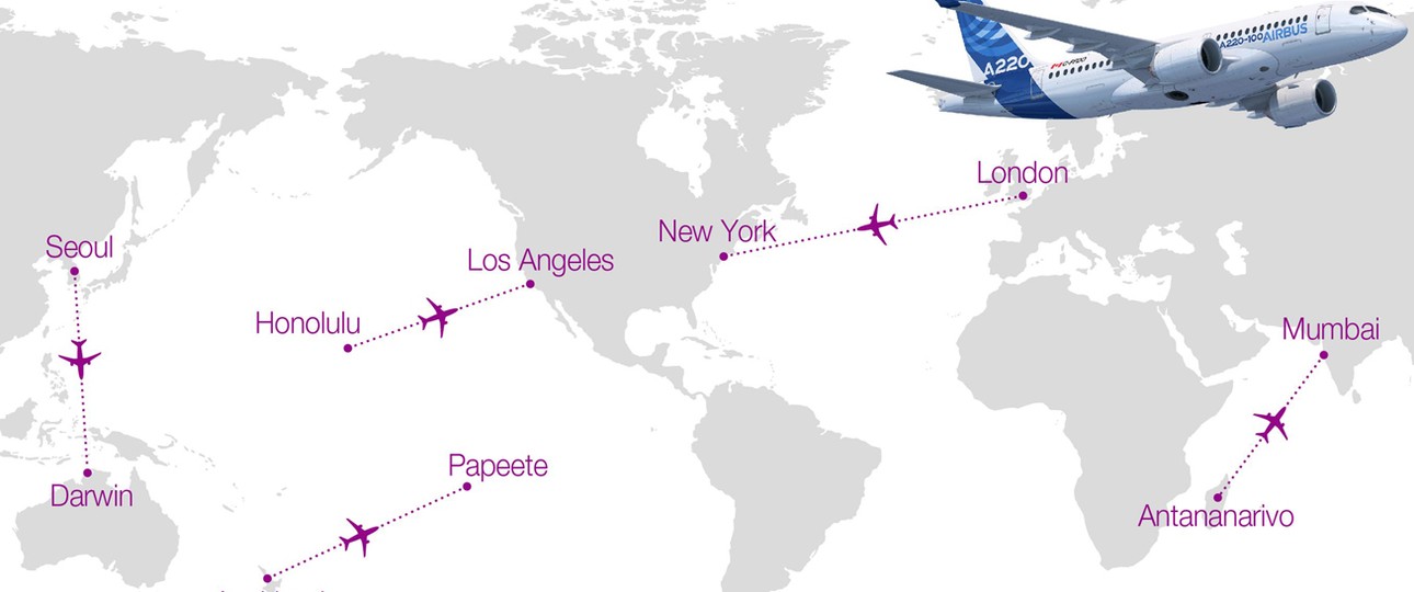 Routen, die der A220 nun fliegen darf: Etops 180 macht es möglich.