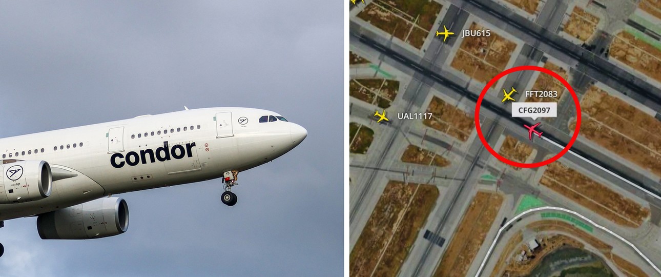 Die Aufzeichnung von Flightradar 24 zeigt die Starts der Jets von American und von Condor (rot) sowie die Landung des Hawaiian-Fliegers - und das Frontier-Flugzeug neben der Piste.