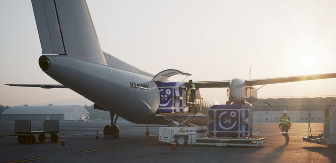 Beladung eines Flugzeugs mit Wasserstoffkapseln: So stelle sich die Firma Universal Hydrogen das vor.