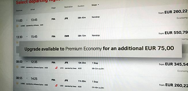 Um die Zusatzeinnahmen zu steigern, werden Passagieren bereits mitten in der Buchung Upgrademöglichkeiten angezeigt.
