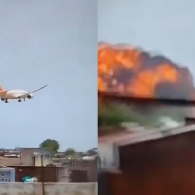 Die Boeing 787 von Air India kurz vor dem Crash über Häusern von Ahemdabad: Riesiger Feuerball.