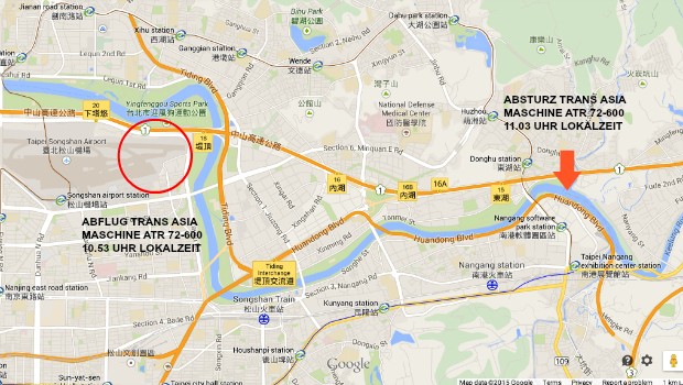 Das Flugzeug startete um 10.53 Uhr Lokalzeit (03.53 Uhr Deutscher Zeit) am Flughafen Songshan und stürzte nur 10 Minuten später in den Keelung-Fluss. Vorher streifte die Maschine eine Brücke...
