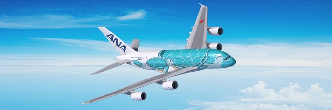 Der ANA-A380 in Smaragdgrün. Die Schildkröte hat hier geschlossene Augen. Er heißt Kai, was auf Hawaiianisch Meer bedeutet.