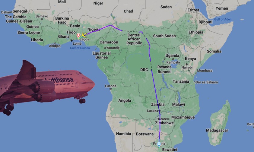 Boeing 747 von Lufthansa, Route vom 6. August: Kein Weg über Niger.