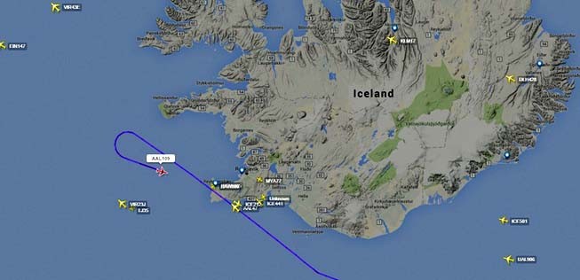 Flug AA109: Gleich neben Kevlavik - und doch umgekehrt.