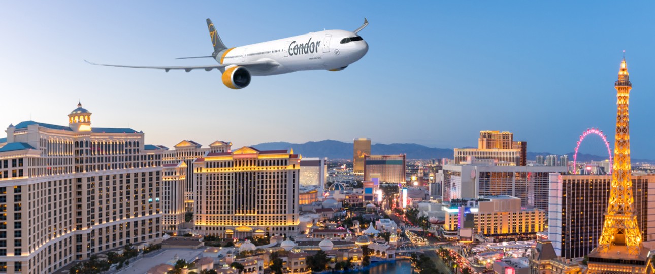 So ähnlich könnte ein Airbus A330-900 von Condor über Las Vegas aussehen: Die Stadt gehört zu den geplanten Zielen im Sommer 2022.