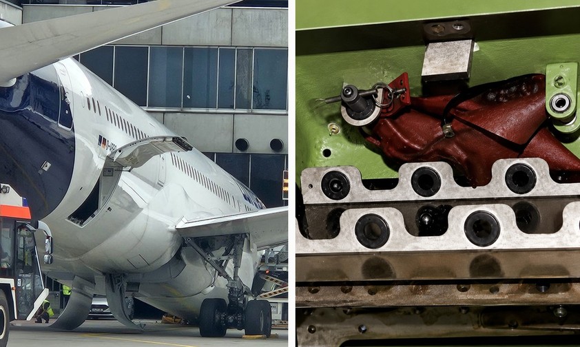 Die auf der Nase liegene Boeing 787, vergessener Verriegelungsstift: kleines Teil, großer WIrkung.