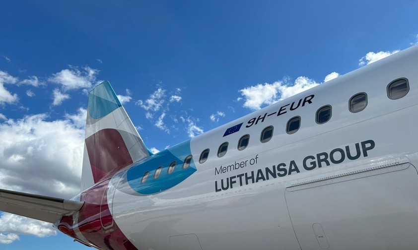 Eurowings-Airbus: Der Airbus trägt jetzt auch den Schriftzug Member of Lufthansa Group.