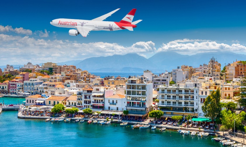 Boeing 777 von Austrian Airlines über Kreta (Montage): Bald wirklich zu sehen.
