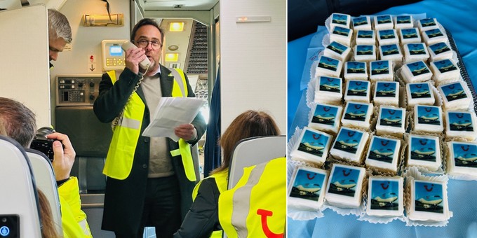 ... das Flugzeug in Rente geschickt. Hier spricht Gunther Hofmann, Managing Director von Tuifly in Belgien und den Niederlanden, zum Abschied. Und es gab 767-Gebäck.