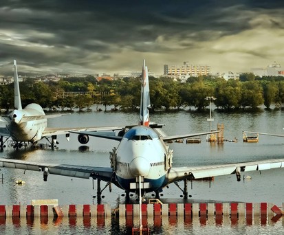 Boeing 747 stehen auf einem überfluteten Vorfeld: Starkregen wird in den meisten Regionen Europas zunehmen.