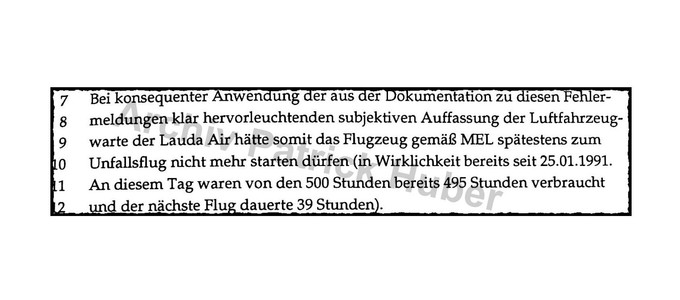 Diese Faksimile aus dem Gutachten von Professor Zeibig belegt, dass die „Mozart" schon seit 25. Januar 1991nicht mehr hätte fliegen dürfen.