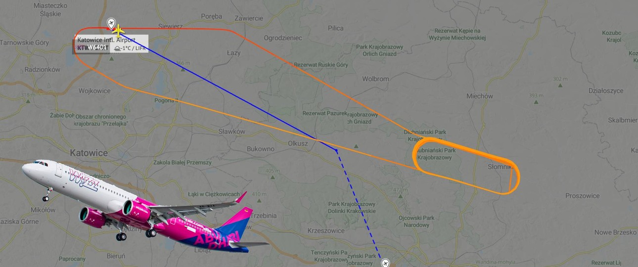 Flugverlauf des Airbus A321 Neo von Wizz Air: Er flog 27 Platzrunden über Krakau.