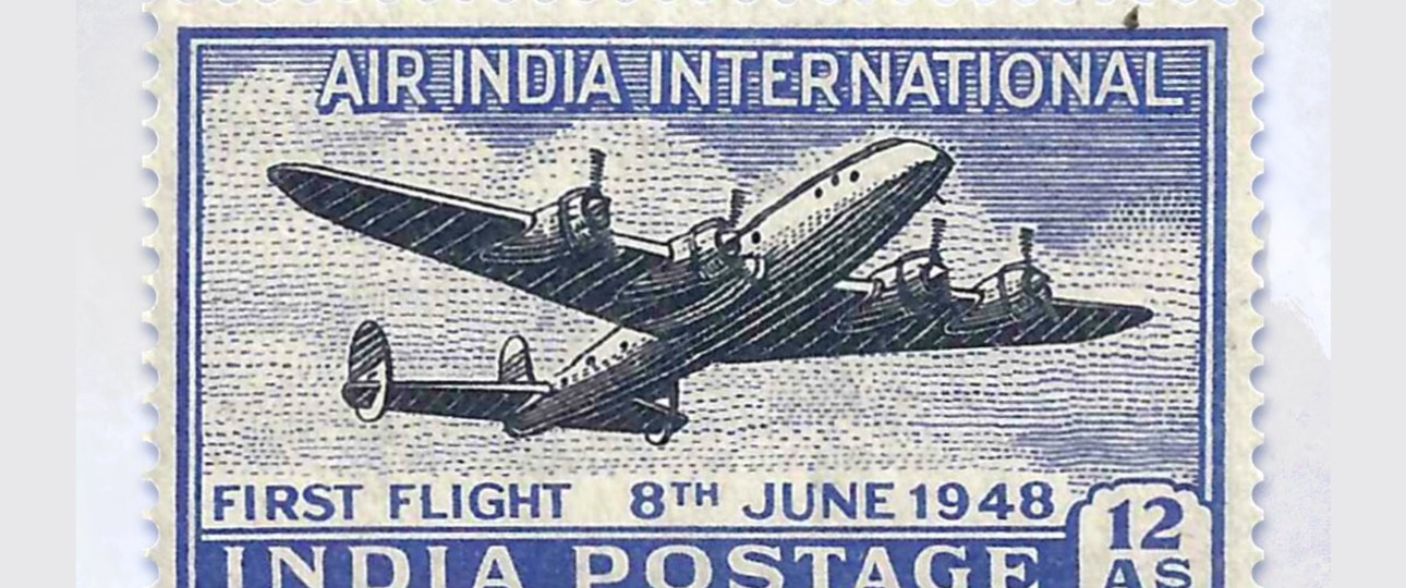 Briefmarke zum  internationalen Erstflugs von Air India 1948: Das eingesetzte ...