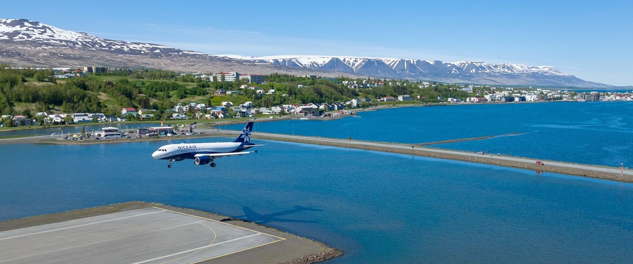 Airbus A319 von Niceair bei der Landung in Akureyri: Keine Ankünfte mehr aus London.