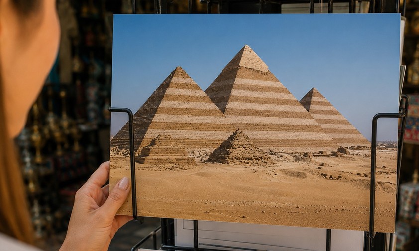 Pyramiden von Gizeh im imaginären Streifenlook auf einer Postkarte: Condor flog nicht im eigenen Design nach Kairo.