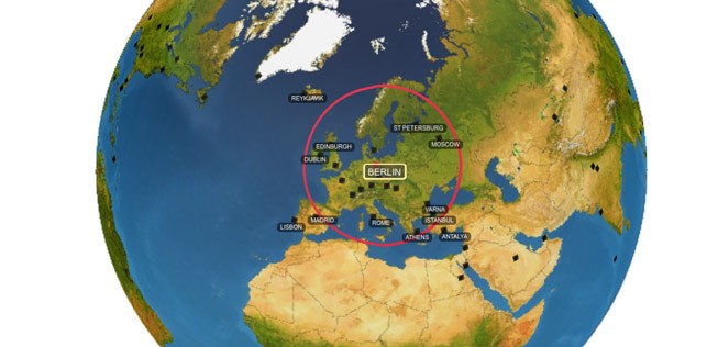 Die Reichweite (2180 Kilometer) wie sie bei einem Start in Berlin aussähe.