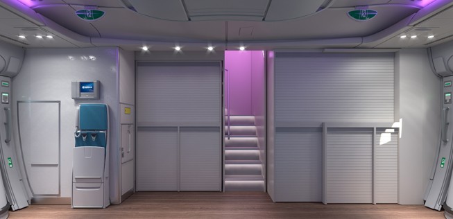 Aft-Galley Stair Modul: Die hintere Treppe soll nicht mehr gewunden, sondern gerade sein. So gewinnt Airbus Platz für 14 zusätzliche Passagiere und zwei Essens-Trolleys.