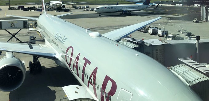 Unser Flugzeug auf dem Testflug: Eine Boeing 777 von Qatar Airways.