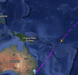 Die Flugroute von Honolulu nach Sydney: Unten vor allem Wasser.
