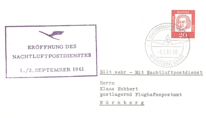 Ab September 1961 flog Lufthansa im Auftrag der Bundespost nachts Briefe und Pakete.