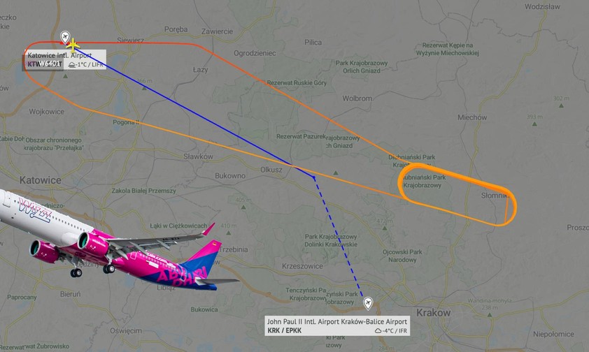 Flugverlauf des Airbus A321 Neo von Wizz Air: Er flog 27 Platzrunden über Krakau.