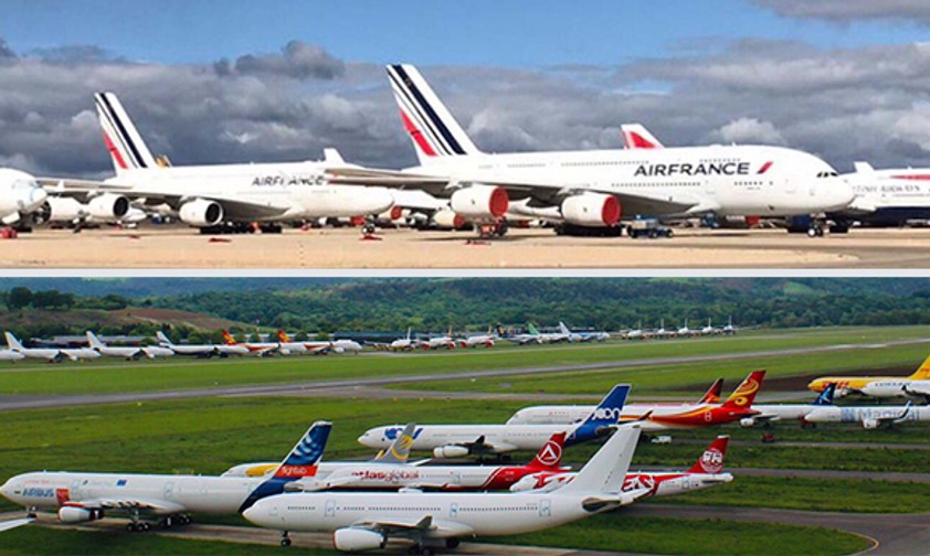 Parked aircraft in Teruel (top) and Tarbes: Over 40 new airplanes in two weeks.