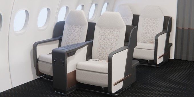 Die Kabine von Beond. Der Airbus A319 ist bei Beond mit 44 Plätzen bestuhlt.