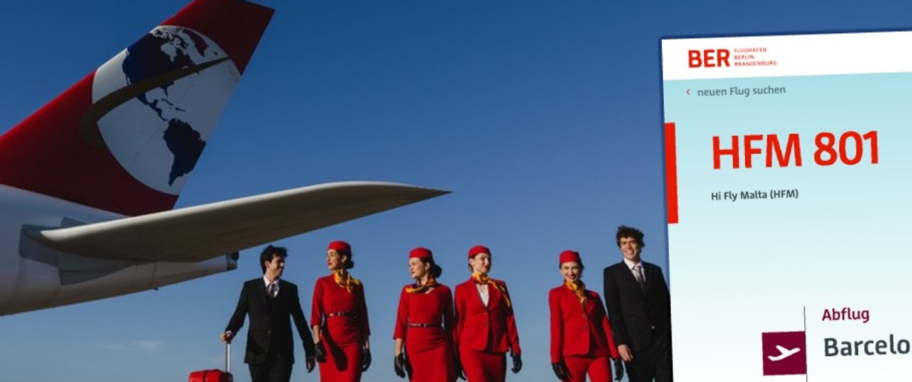 Airbus A380 von Global Airlines und Flugplanauskunft des BER: Betreiberin ist Hi Fly Malta.