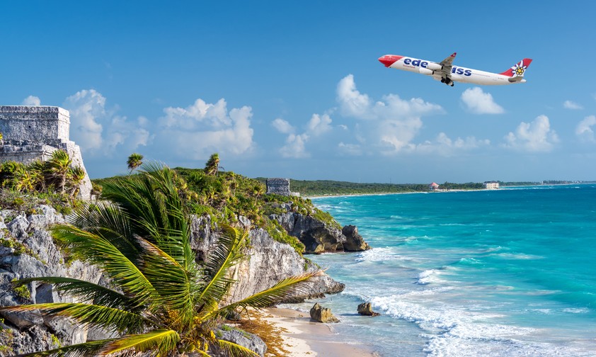 Airbus A340 von Edelweiss über Yukatán: Tulum als Option zur Ergänzung.