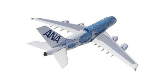 Eins, zwei drei... auf dem ersten Airbus A380 von ANA All Nippon Airways sind drei Meeresschildkröten der Gattung Chelonia mydas zu sehen.