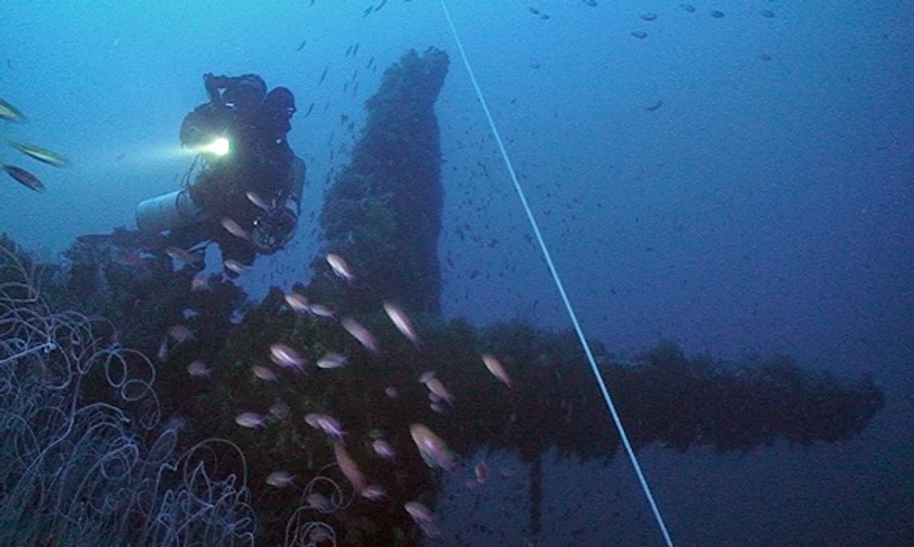 Das Leitwerk: Überwachsen mit Seegras und Muscheln.