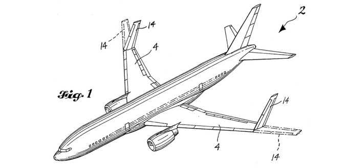 Zeichnung aus den 1990er-Jahren: Boeing sicherte sich ein Patent für einklappbare Flügelspitzen. Damals konnte sich aber kein Kunde dafür begeistern.