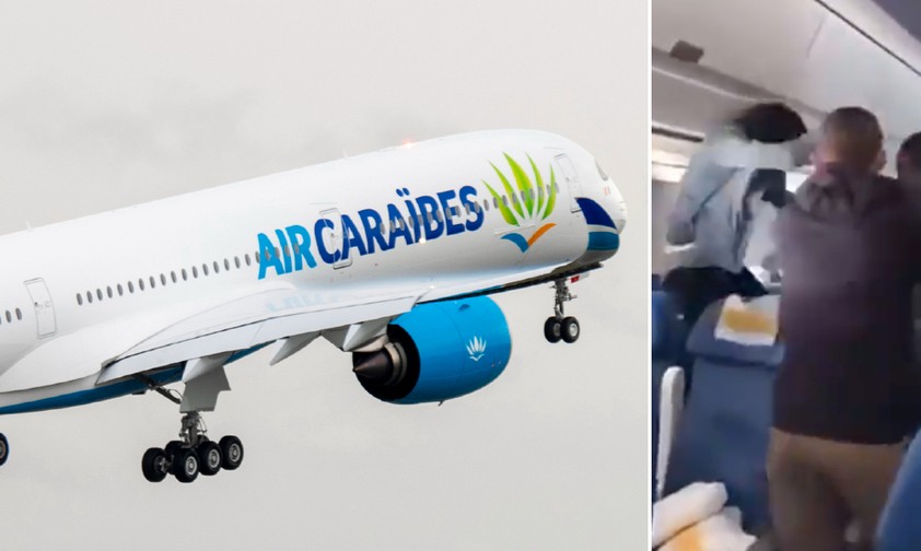 Airbus A350 von Air Caraïbes und Szene von der Prügelei: Haftstrafen drohen.